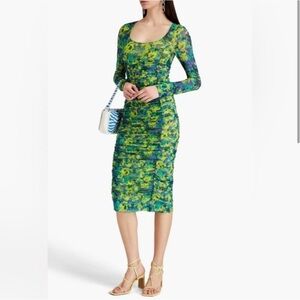 Ganni Ruched Printed Long Sleeve Stretch-Mesh Midi Dress